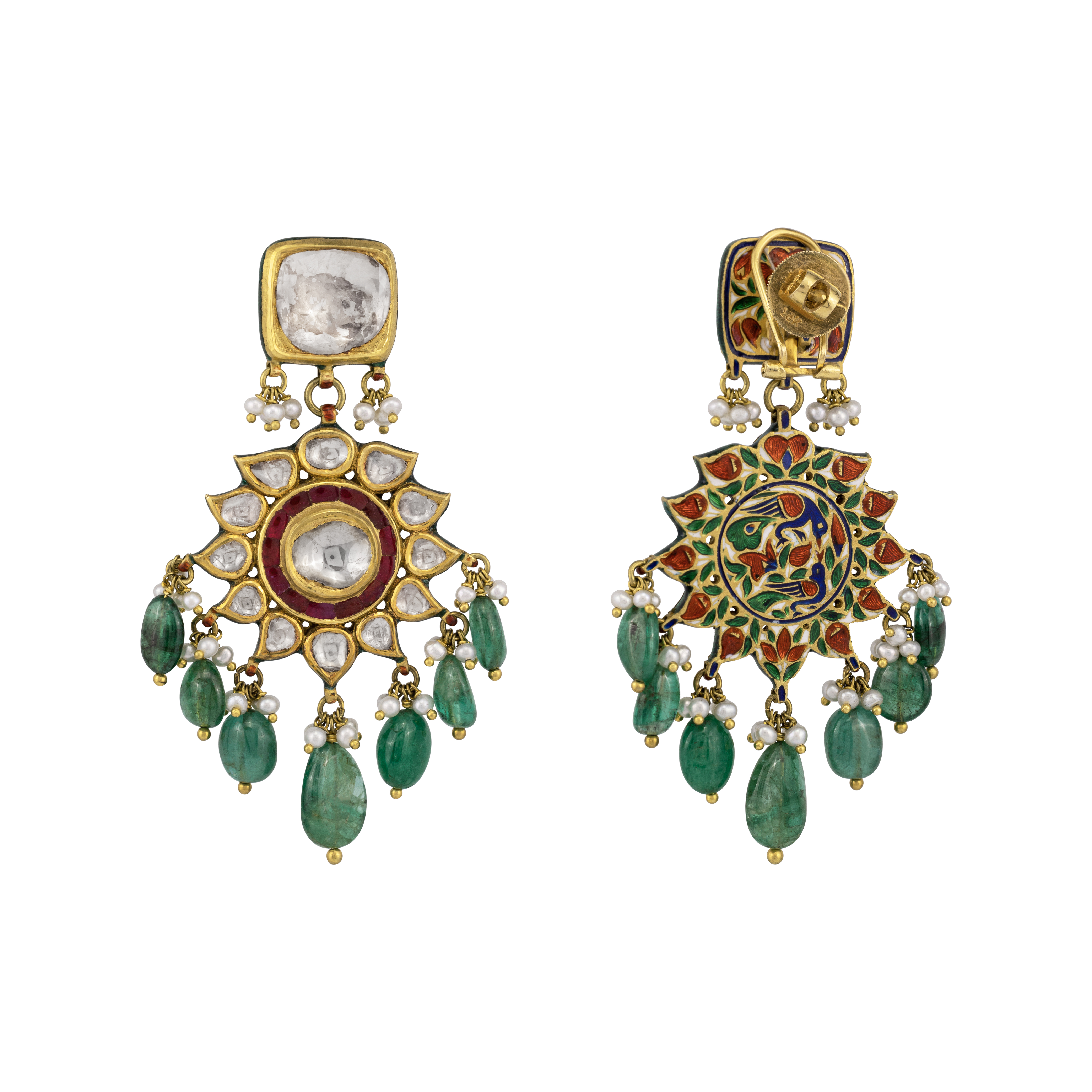 Red Talaf Earring with Emerald and Polki Floral Design